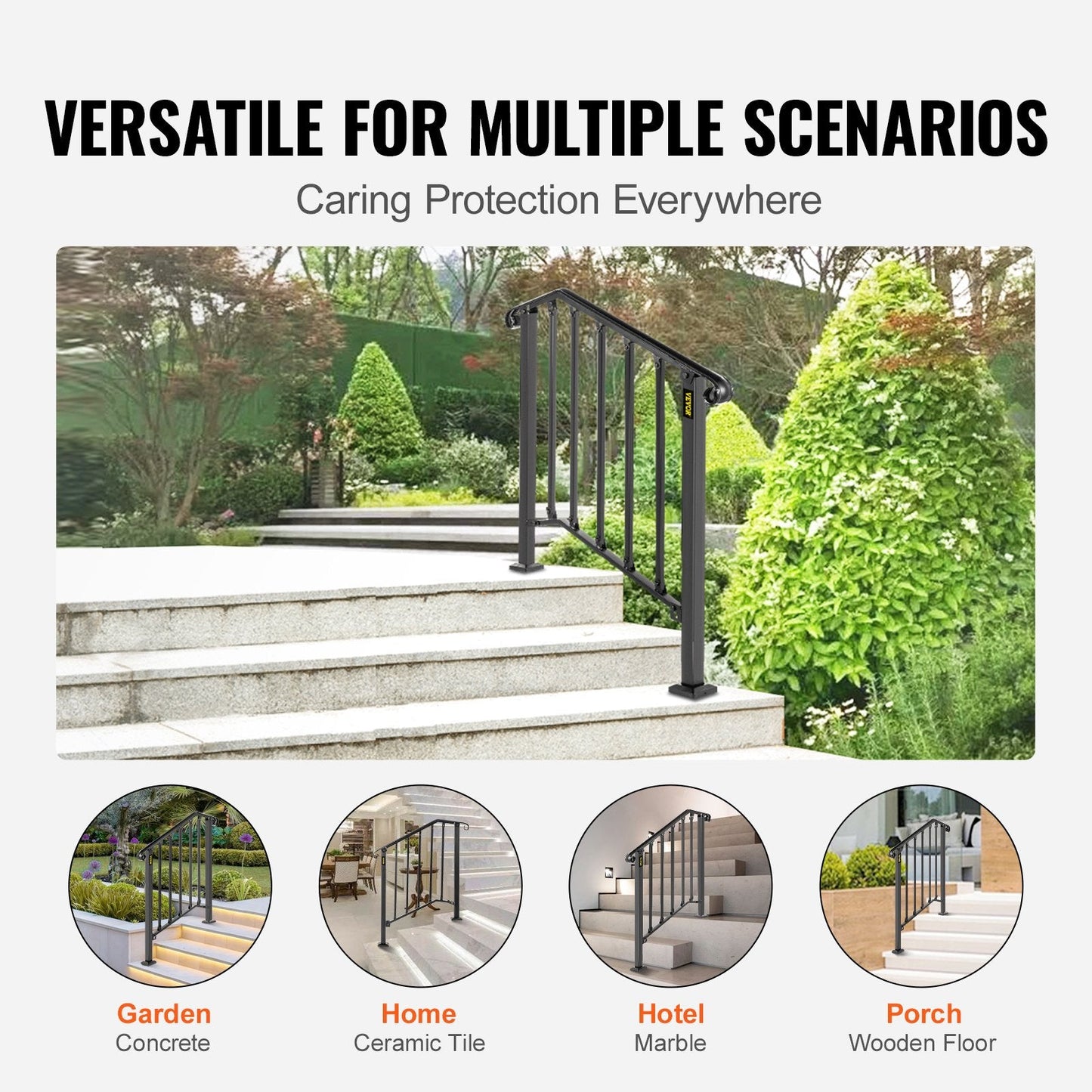 Adjustable Black Wrought Iron Handrail for 2-3 Outdoor Steps, Easy Assembly