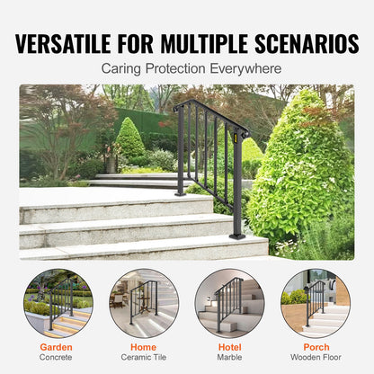 VEVOR Iron Step Handrail Outdoor Stairs 2 or 3 Steps Adjustable Black Handrail
