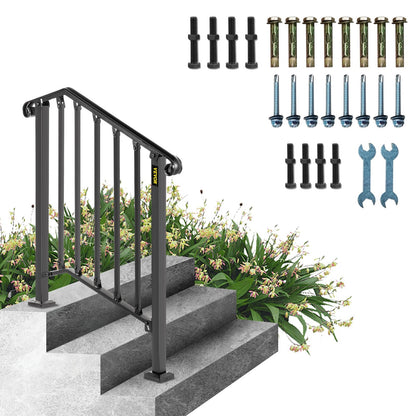 Adjustable Black Wrought Iron Handrail for 2-3 Outdoor Steps, Easy Assembly
