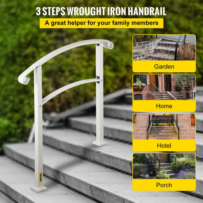 Elegant Matte White Wrought Iron Handrail for 3 Outdoor Steps, 97 cm Height