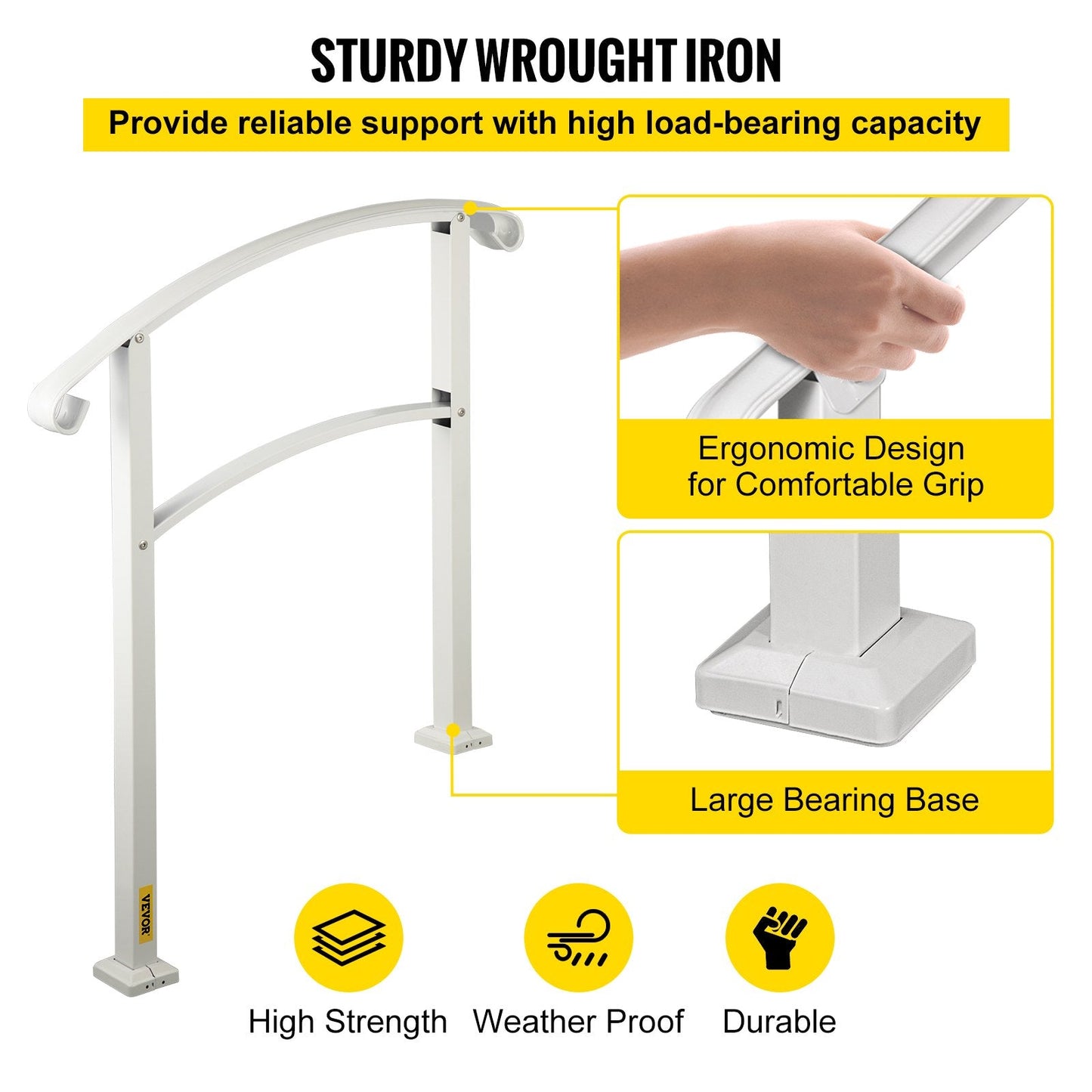 Elegant Matte White Wrought Iron Handrail for 3 Outdoor Steps, 97 cm Height