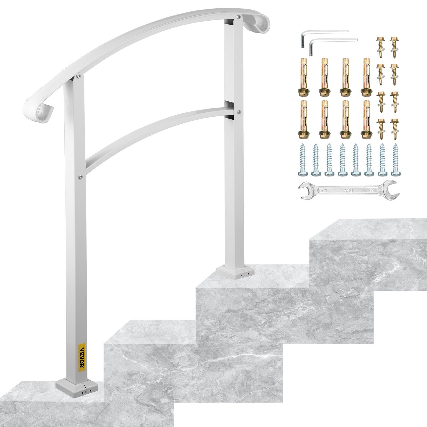 VEVOR 3-Step Handrails for Outdoor Steps Fits 1 or 3 Steps Matte White Stair Rail