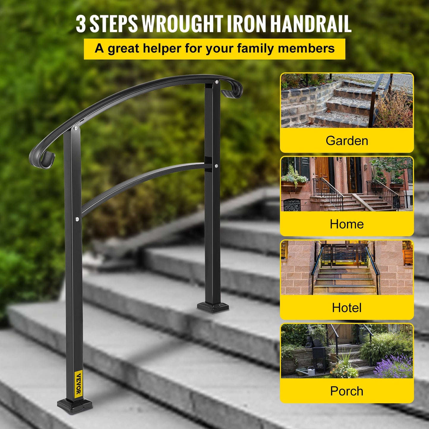 VEVOR Iron Handrail Stair Railing 1 or 3 Steps Adjustable Matte Black Handrail