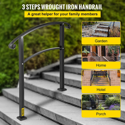 Adjustable Wrought Iron Stair Handrail for 1-3 Steps, Matte Black, 11.5 kg
