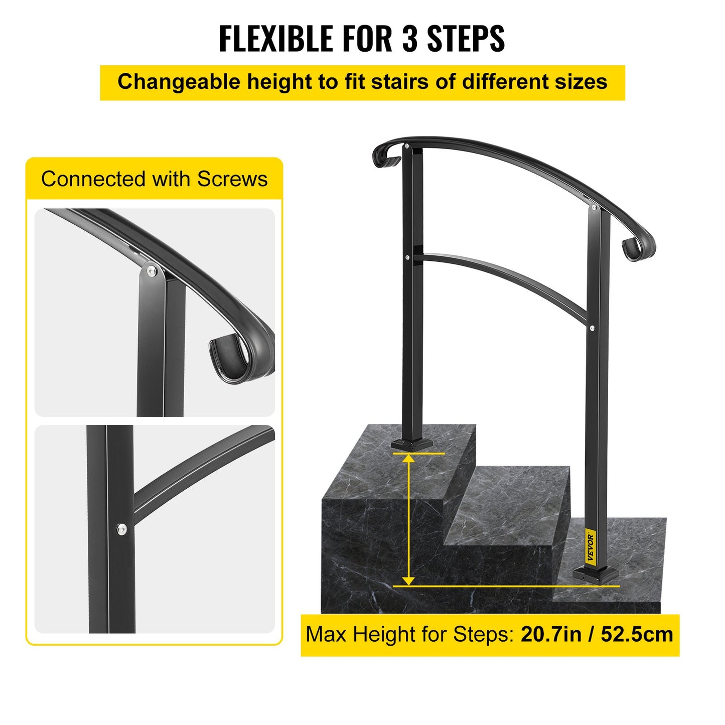 VEVOR Iron Handrail Stair Railing 1 or 3 Steps Adjustable Matte Black Handrail