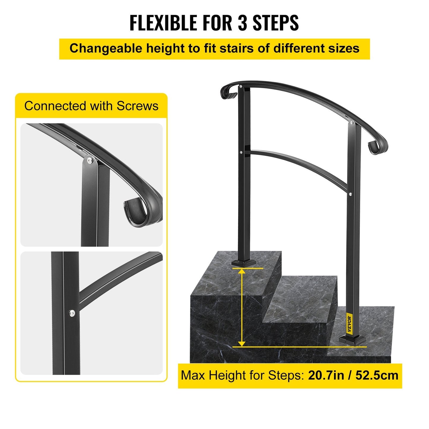 Adjustable Wrought Iron Stair Handrail for 1-3 Steps, Matte Black, 11.5 kg