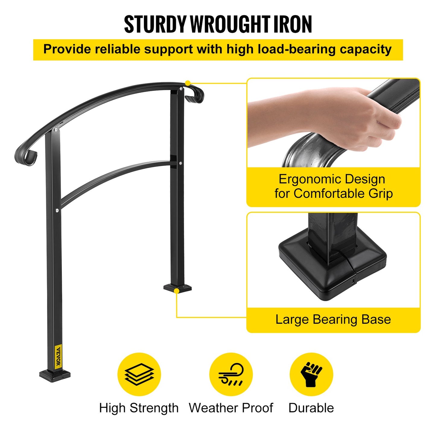 VEVOR Iron Handrail Stair Railing 1 or 3 Steps Adjustable Matte Black Handrail