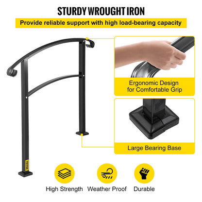 VEVOR Iron Handrail Stair Railing 1 or 3 Steps Adjustable Matte Black Handrail