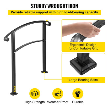 Adjustable Wrought Iron Stair Handrail for 1-3 Steps, Matte Black, 11.5 kg