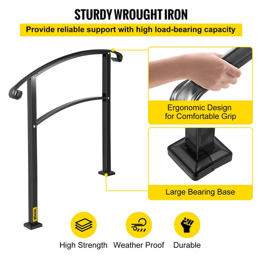 Adjustable Wrought Iron Stair Handrail for 1-3 Steps, Matte Black, 11.5 kg