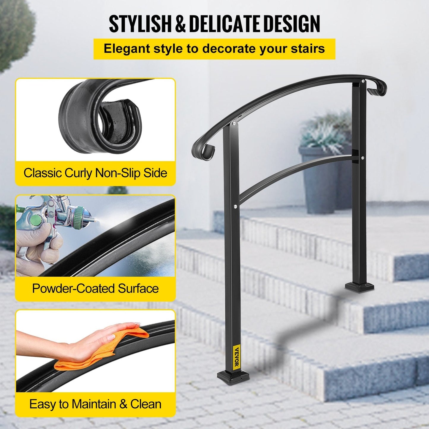 Adjustable Wrought Iron Stair Handrail for 1-3 Steps, Matte Black, 11.5 kg