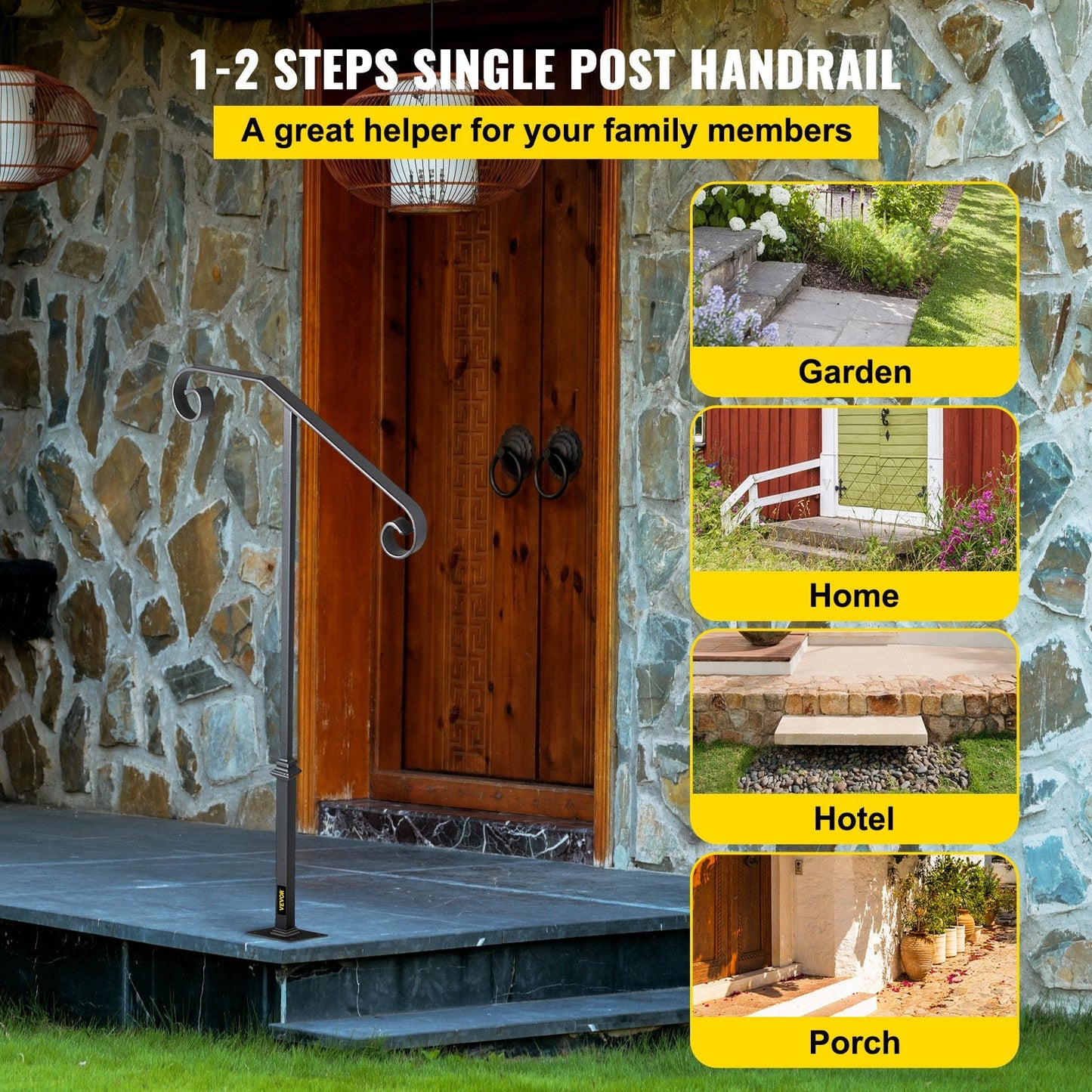 Gray Wrought Iron Handrail for 1 or 2 Steps - 0.9m Height, Easy Installation