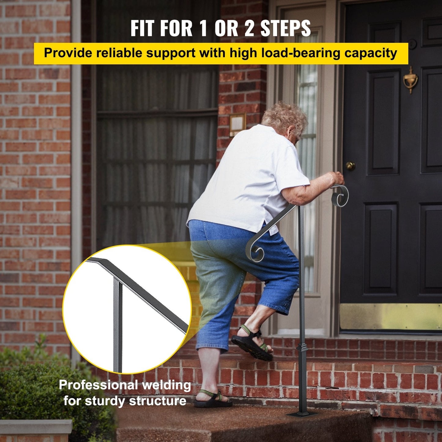 Gray Wrought Iron Handrail for 1 or 2 Steps - 0.9m Height, Easy Installation