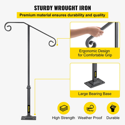 Gray Wrought Iron Handrail for 1 or 2 Steps - 0.9m Height, Easy Installation