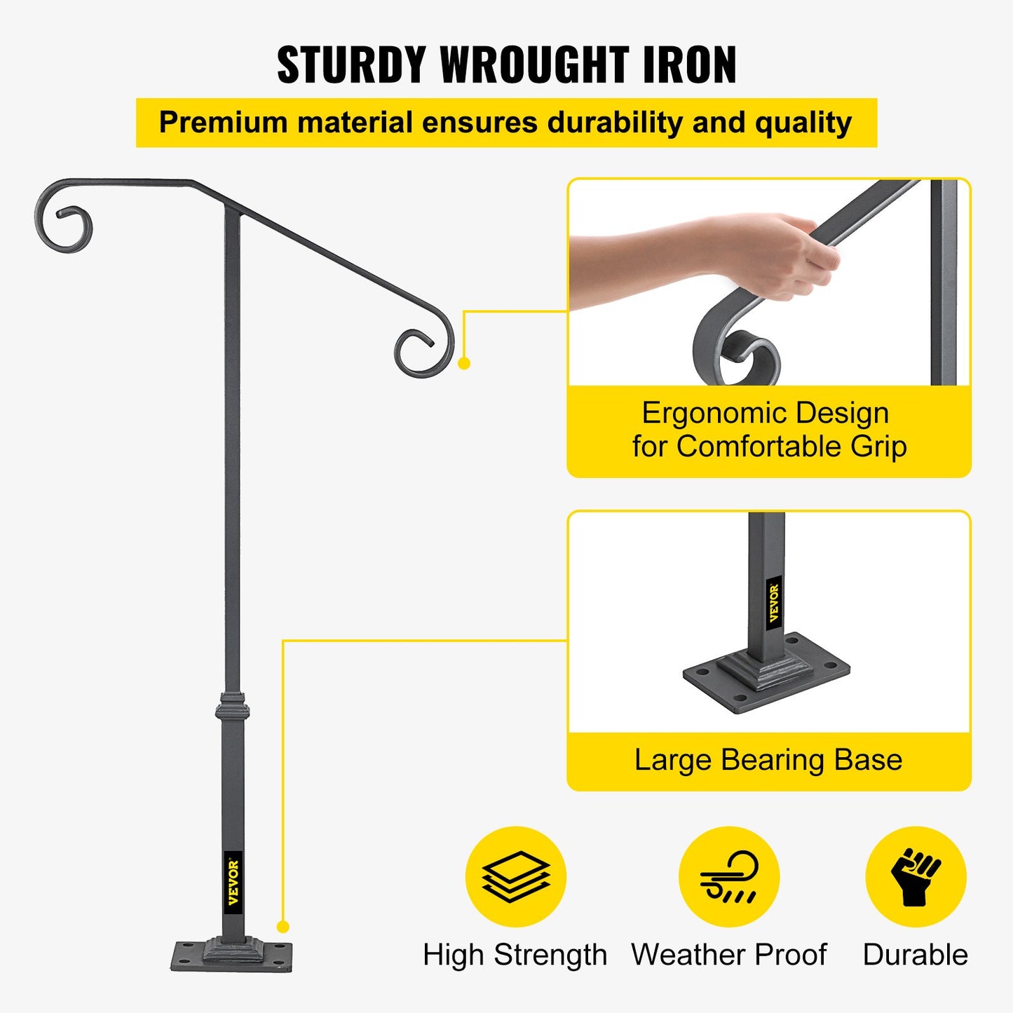 VEVOR Handrails for Outdoor Steps, Fit 1 or 2 Steps Outdoor Stair Railing, Single