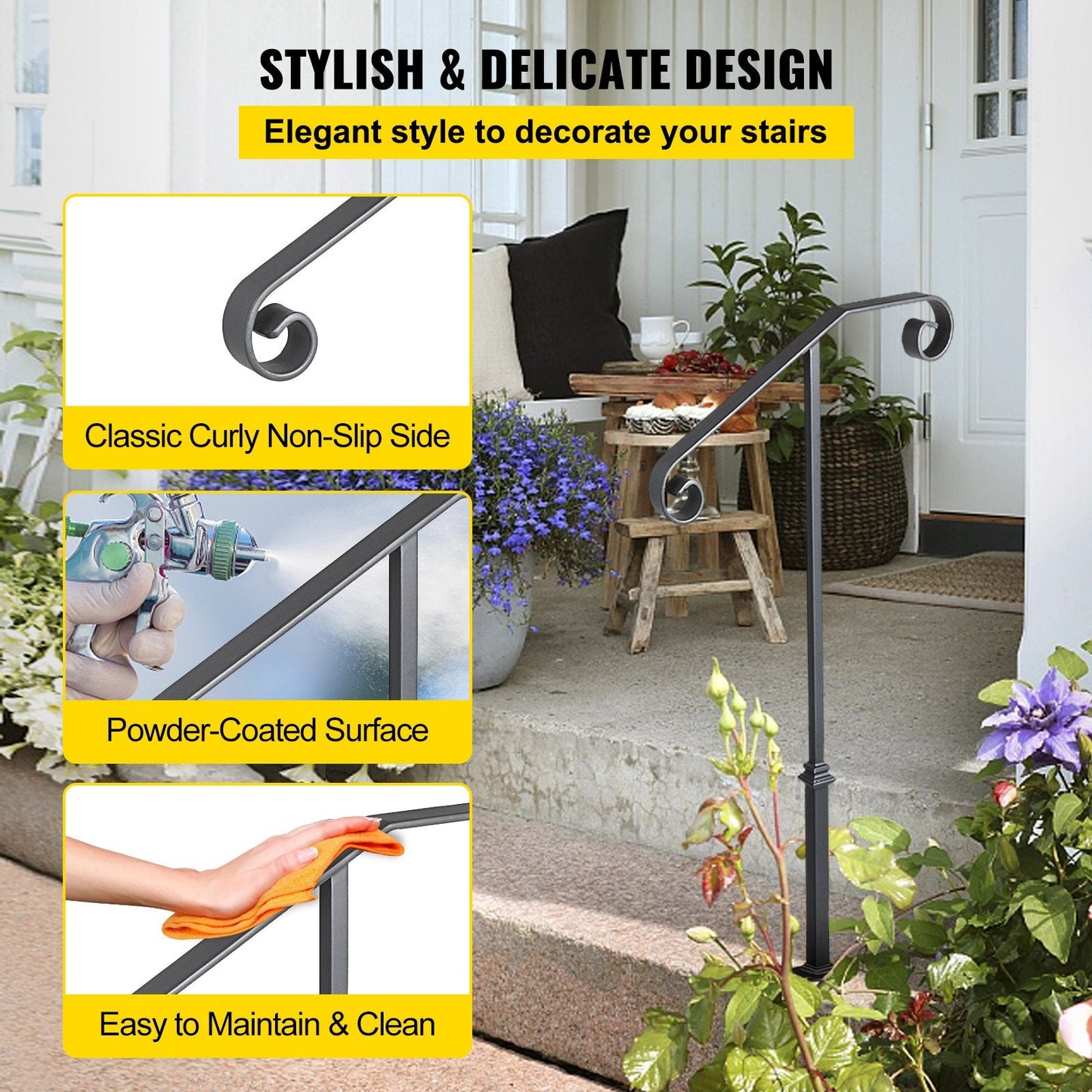 Gray Wrought Iron Handrail for 1 or 2 Steps - 0.9m Height, Easy Installation