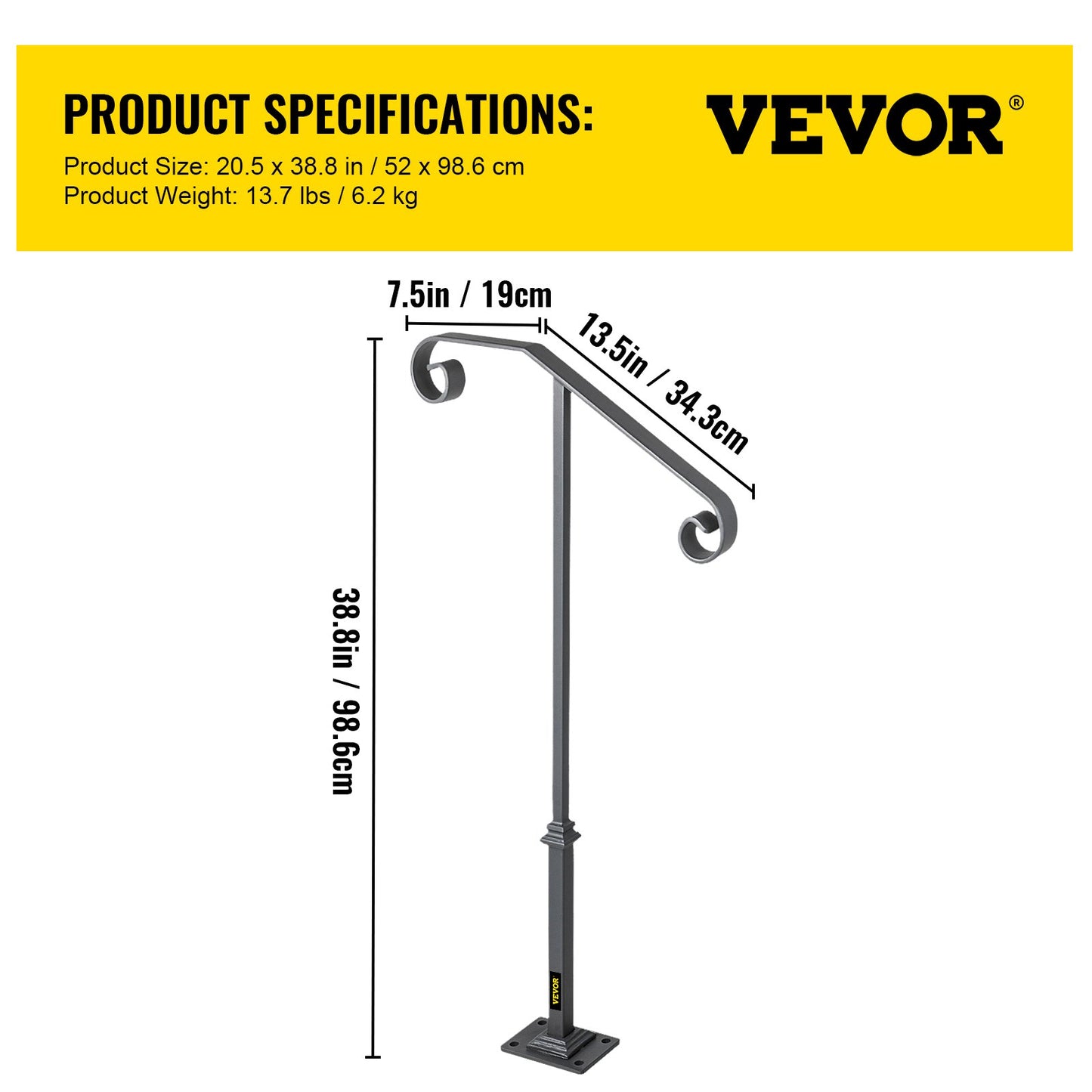 VEVOR Handrails for Outdoor Steps, Fit 1 or 2 Steps Outdoor Stair Railing, Single