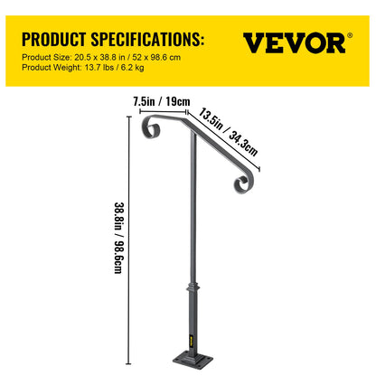 VEVOR Handrails for Outdoor Steps, Fit 1 or 2 Steps Outdoor Stair Railing, Single