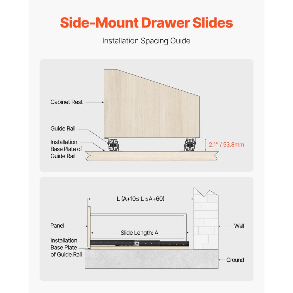 VEVOR Undermount Drawer Slides 400 mm Under Stair Cabinet Rails 117 KG Load