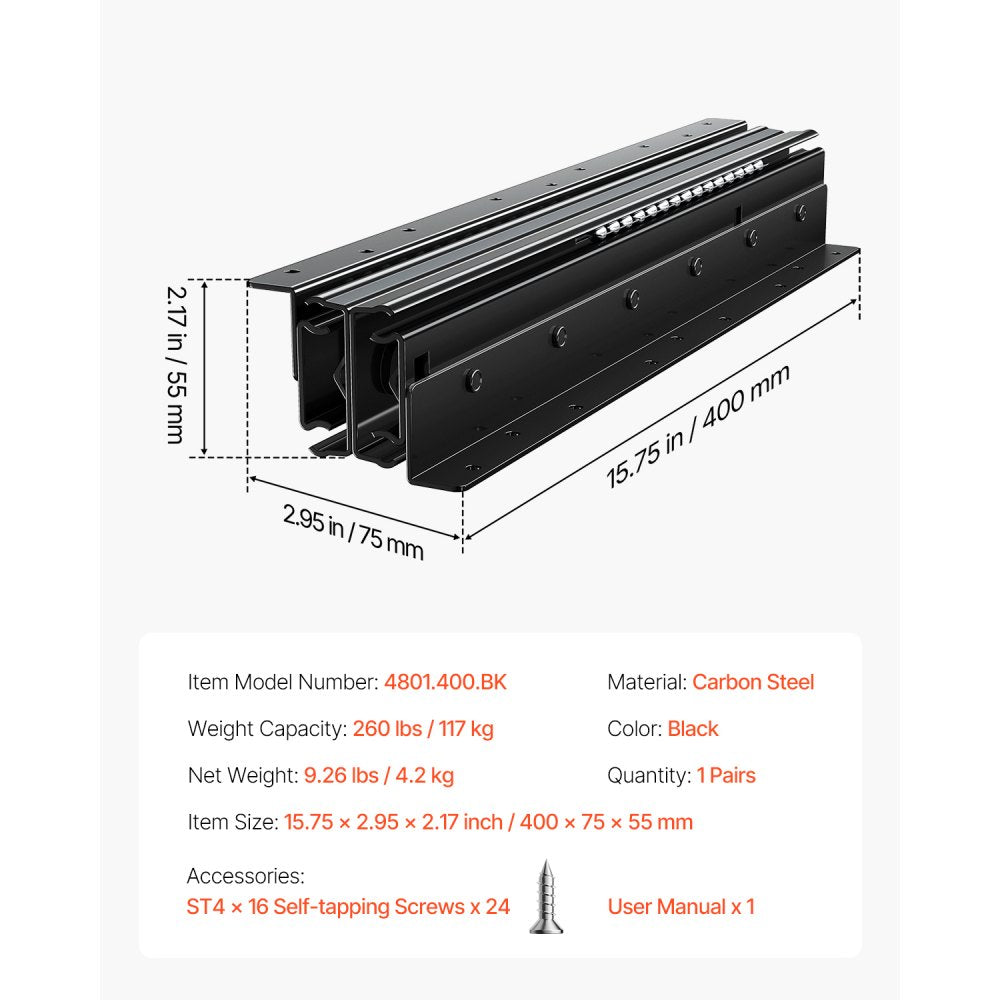 VEVOR Undermount Drawer Slides 400 mm Under Stair Cabinet Rails 117 KG Load