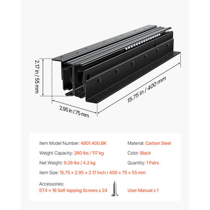 VEVOR Undermount Drawer Slides 400 mm Under Stair Cabinet Rails 117 KG Load