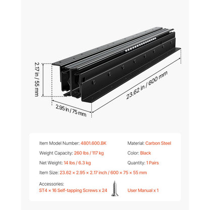 VEVOR Undermount Drawer Slides 600 mm Under Stair Cabinet Rails 117 KG Load