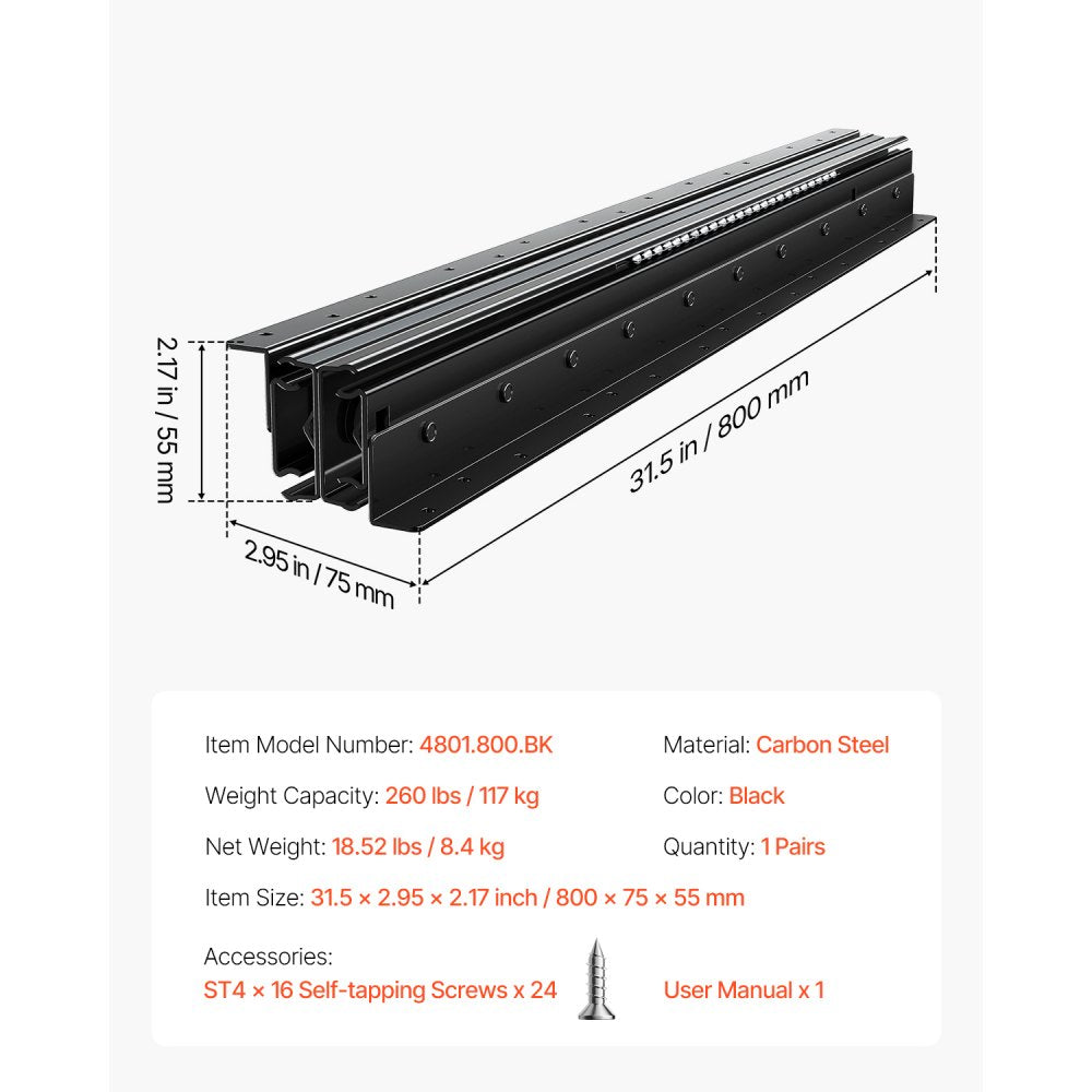 VEVOR Undermount Drawer Slides 800 mm Under Stair Cabinet Rails 117 KG Load