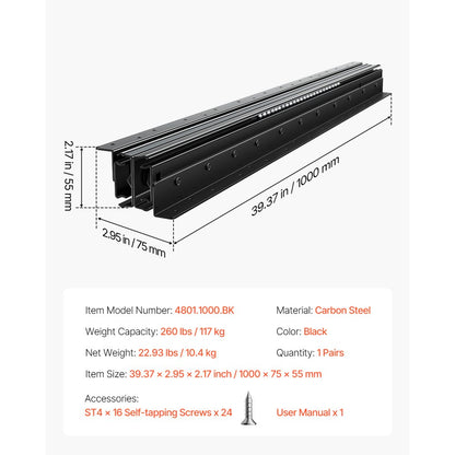 VEVOR Undermount Drawer Slides 1000 mm Under Stair Cabinet Rails 117 KG Load