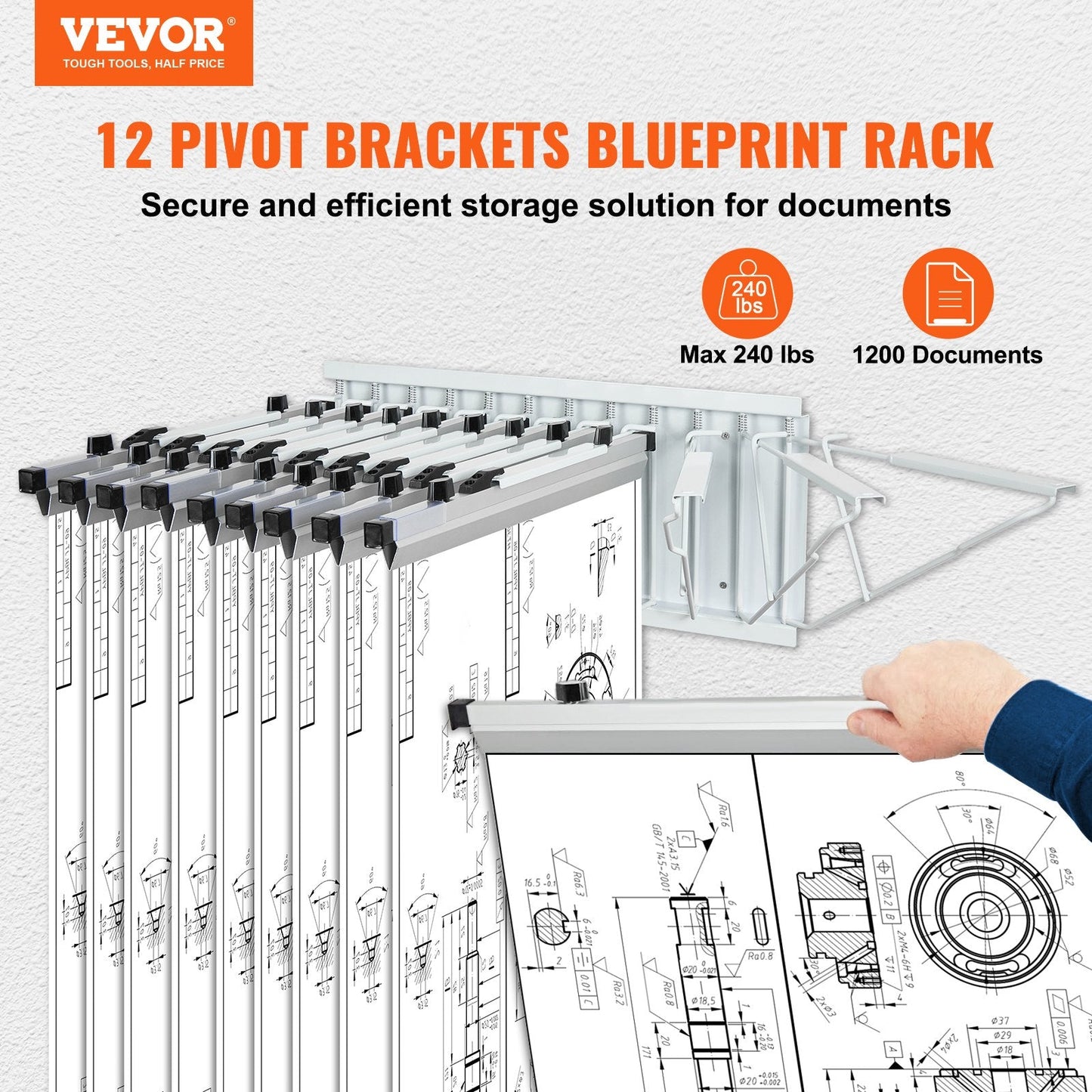 Wall-Mounted Blueprint Storage Rack with 12 Pivot Brackets, 6.95 kg Capacity