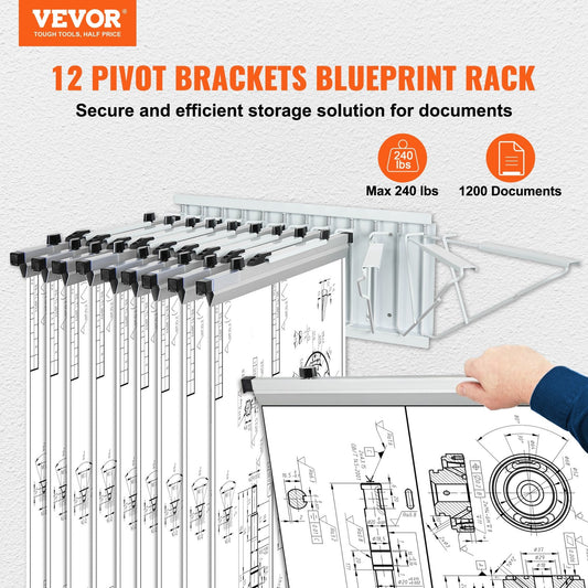 Wall-Mounted Blueprint Storage Rack with 12 Pivot Brackets, 6.95 kg Capacity