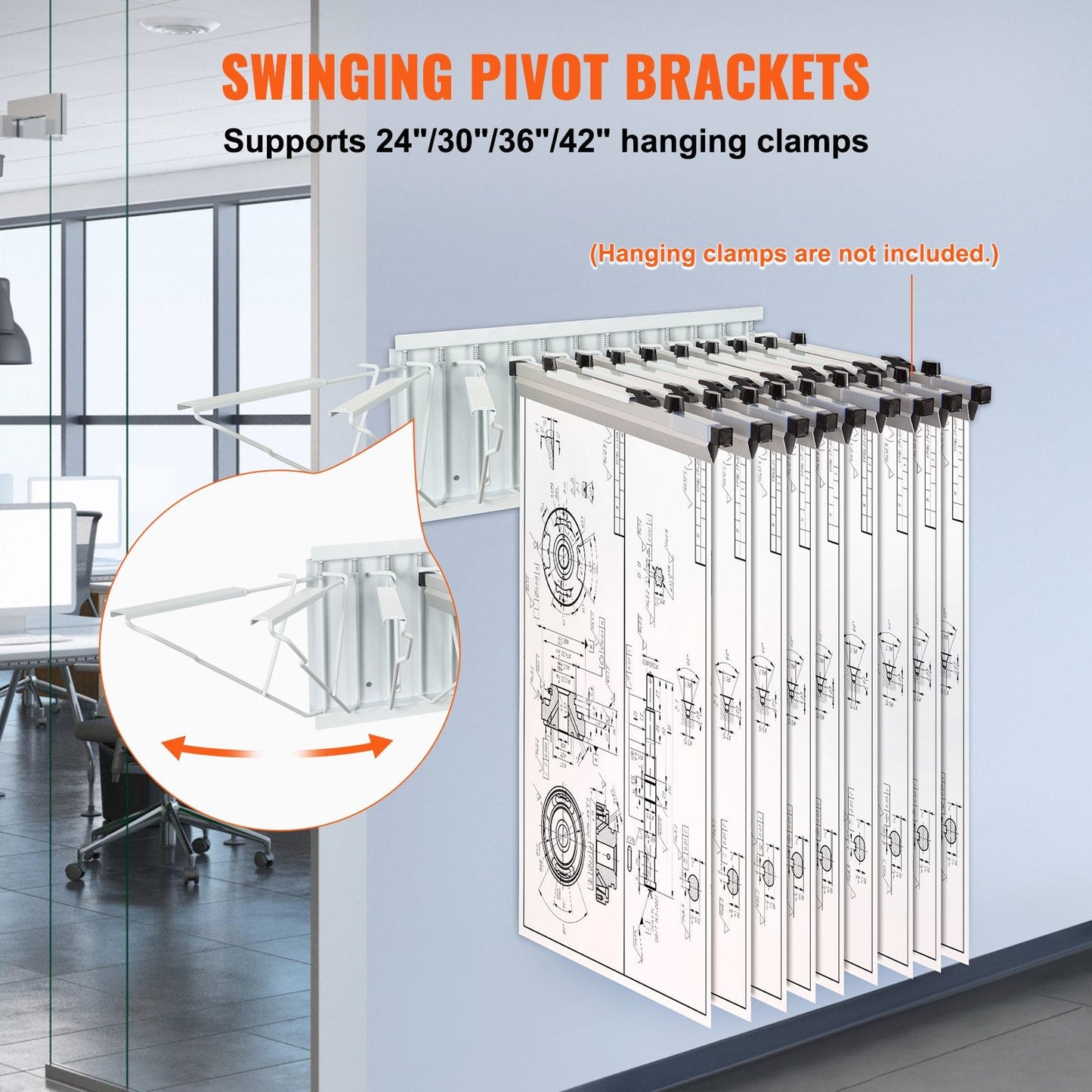 Wall-Mounted Blueprint Storage Rack with 12 Pivot Brackets, 6.95 kg Capacity