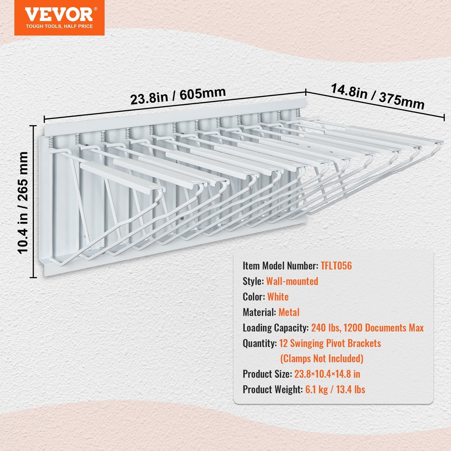 Wall-Mounted Blueprint Storage Rack with 12 Pivot Brackets, 6.95 kg Capacity