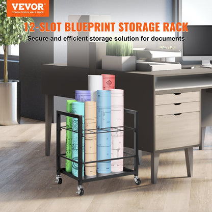 Mobile Architectural Blueprint Rack with 12 Slots and Universal Casters, Black