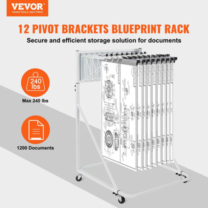 Mobile Blueprint Storage Rack with 12 Pivot Brackets, 109 kg Capacity
