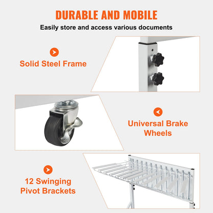 Mobile Blueprint Storage Rack with 12 Pivot Brackets, 109 kg Capacity