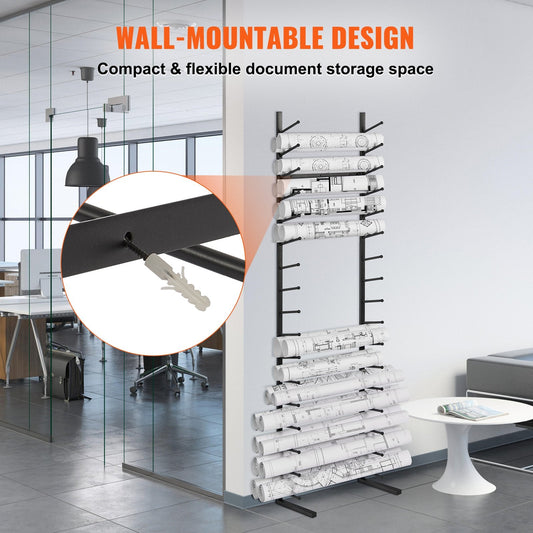 Vertical 16-Tier Metal Poster & Blueprint Storage Rack - Wall-Mounted Organizer