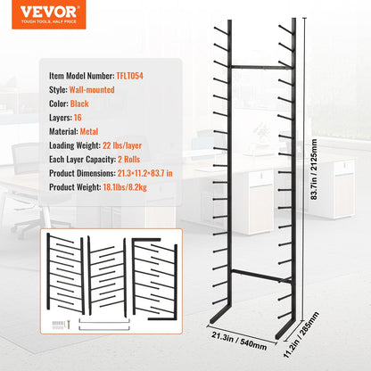 Vertical 16-Tier Metal Poster & Blueprint Storage Rack - Wall-Mounted Organizer