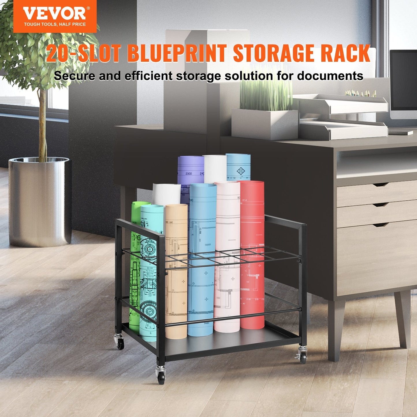 Mobile Blueprint Storage Rack with 20 Slots, Metal, Black, 3.65 kg