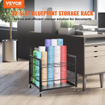 Mobile Blueprint Storage Rack with 20 Slots, Metal, Black, 3.65 kg