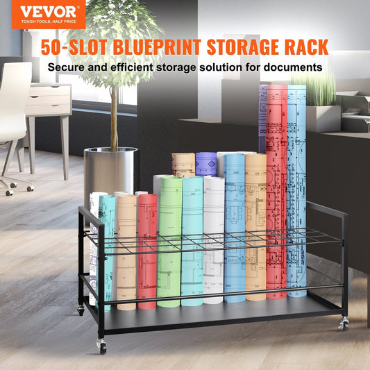 Mobile Architectural Blueprint Roll File Holder, 50 Slots, Metal, 6.6 kg, Black