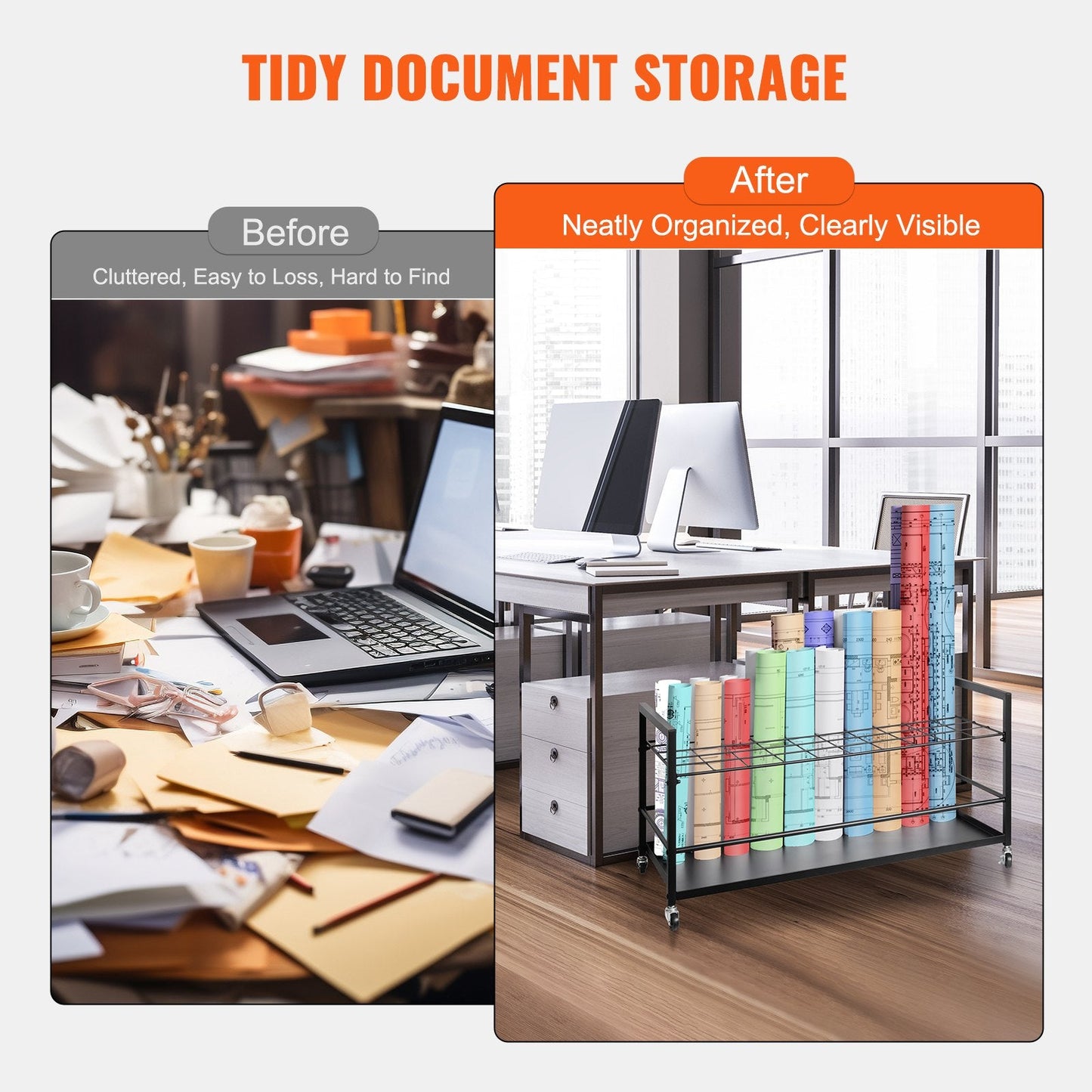 Mobile Architectural Blueprint Roll File Holder, 50 Slots, Metal, 6.6 kg, Black