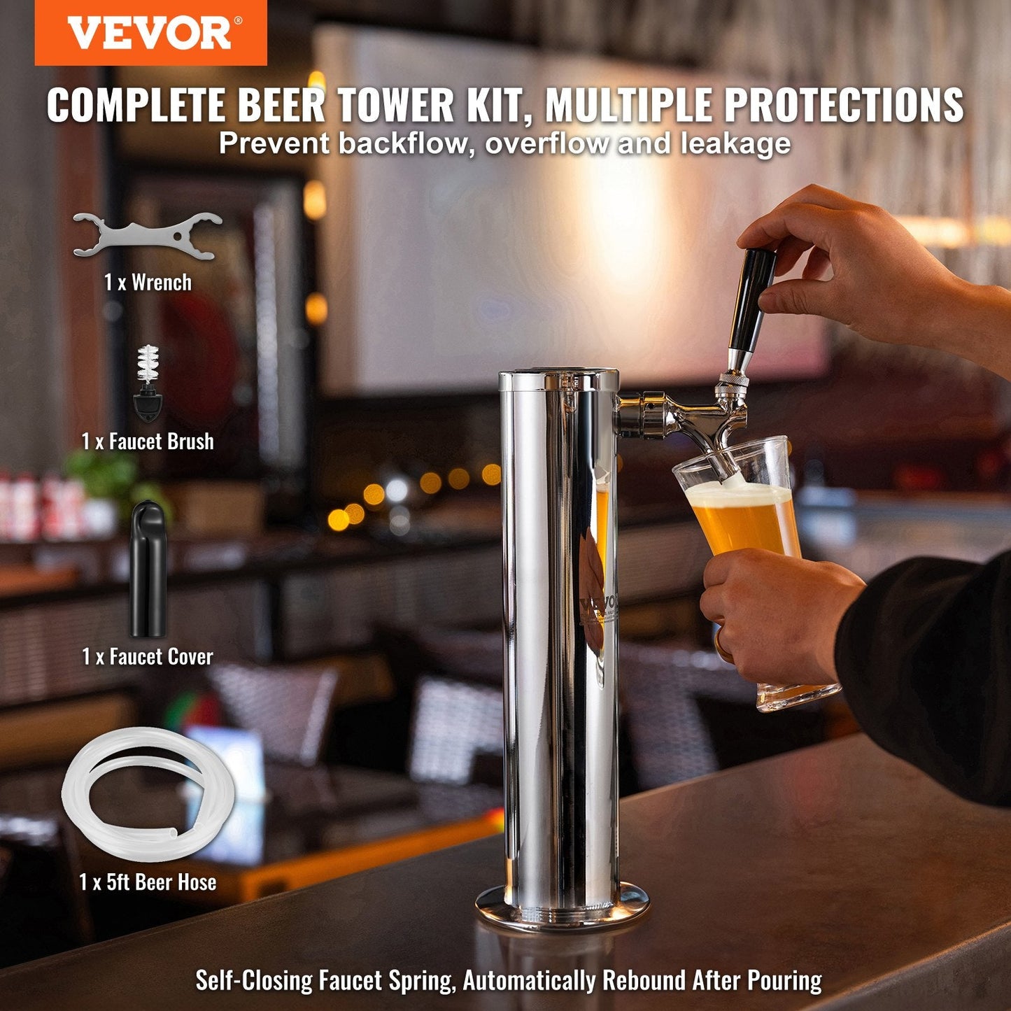 Stainless Steel Single Tap Beer Tower Dispenser with Dual Gauge Regulator