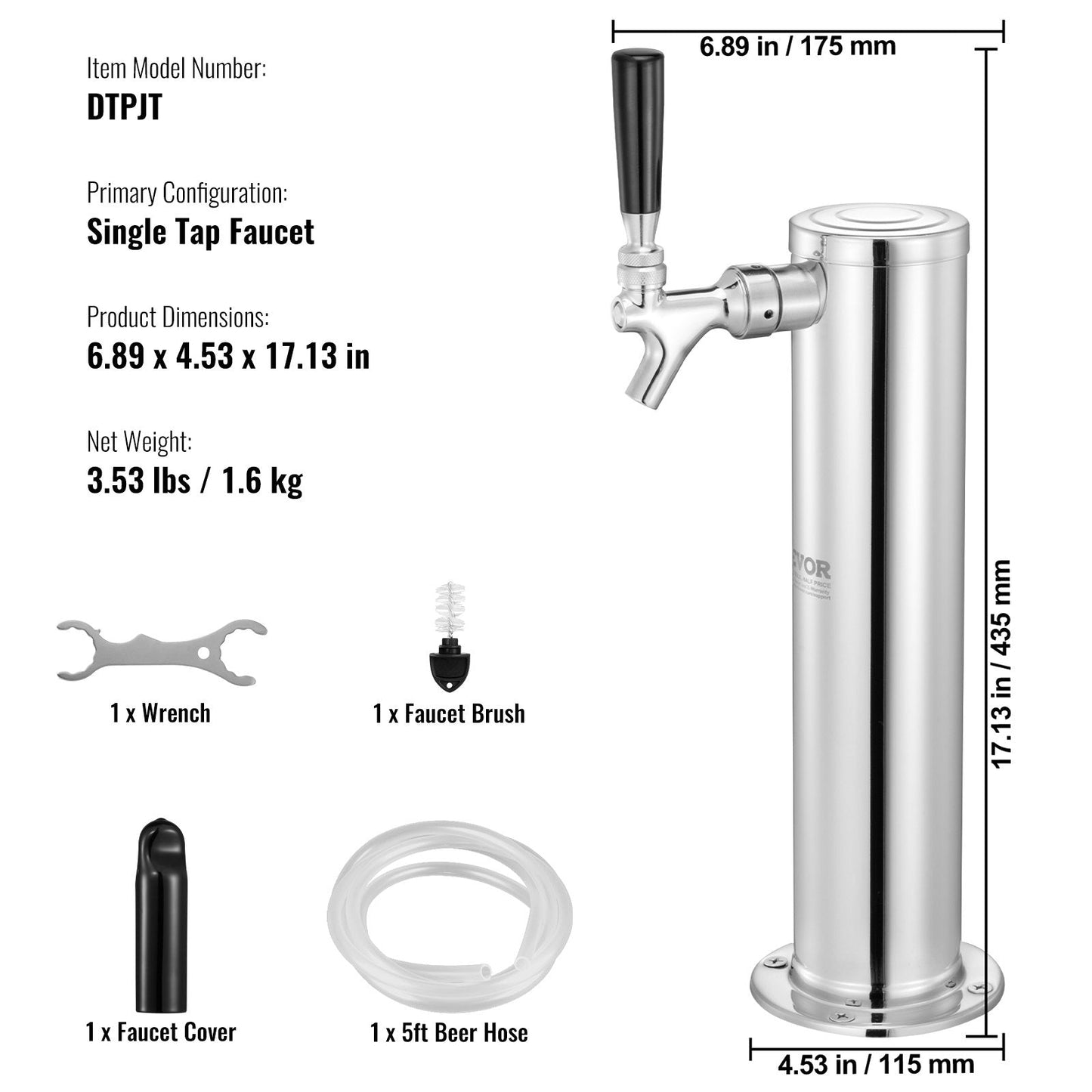Stainless Steel Single Tap Beer Tower Dispenser with Dual Gauge Regulator