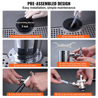 Kegerator Tower Kit, Dual Taps Beer Conversion Kit, Stainless Steel Keg Beer Tower Dispenser with Dual Gauge W21.8 Regul