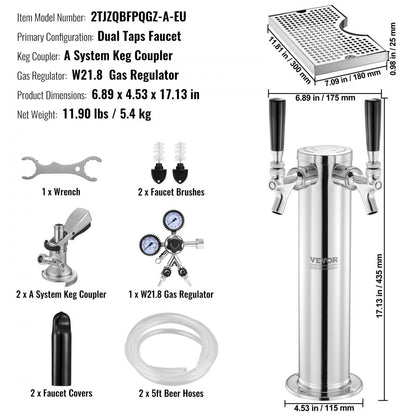 Kegerator Tower Kit, Dual Taps Beer Conversion Kit, Stainless Steel Keg Beer Tower Dispenser with Dual Gauge W21.8 Regul