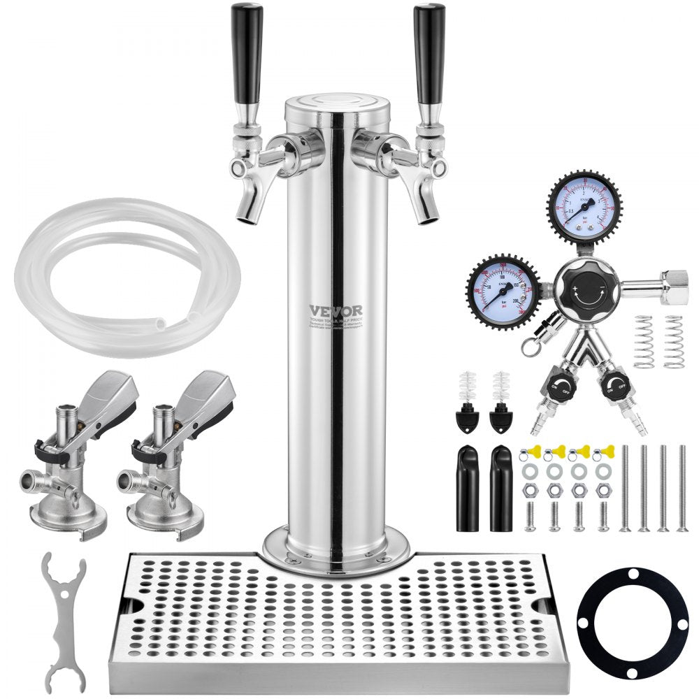 Kegerator Tower Kit, Dual Taps Beer Conversion Kit, Stainless Steel Keg Beer Tower Dispenser with Dual Gauge W21.8 Regulator & A-System Keg Coupler, Beer Drip Tray for Party Home