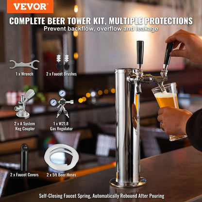 Dual Tap Stainless Steel Beer Tower Kit with Regulator & Keg Coupler, 0.43m