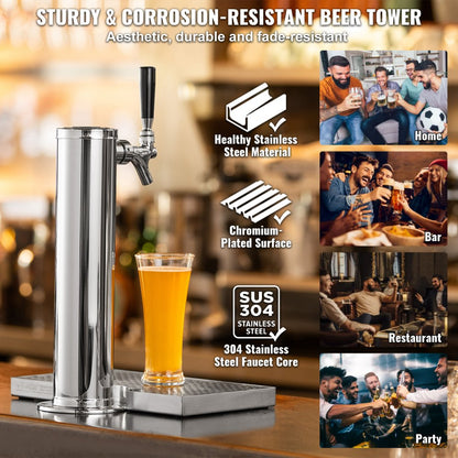 Kegerator Tower Kit, Single Tap Beer Conversion Kit, Stainless Steel Keg Beer Tower Dispenser with Dual Gauge W21.8 Regu