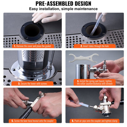Kegerator Tower Kit, Single Tap Beer Conversion Kit, Stainless Steel Keg Beer Tower Dispenser with Dual Gauge W21.8 Regu
