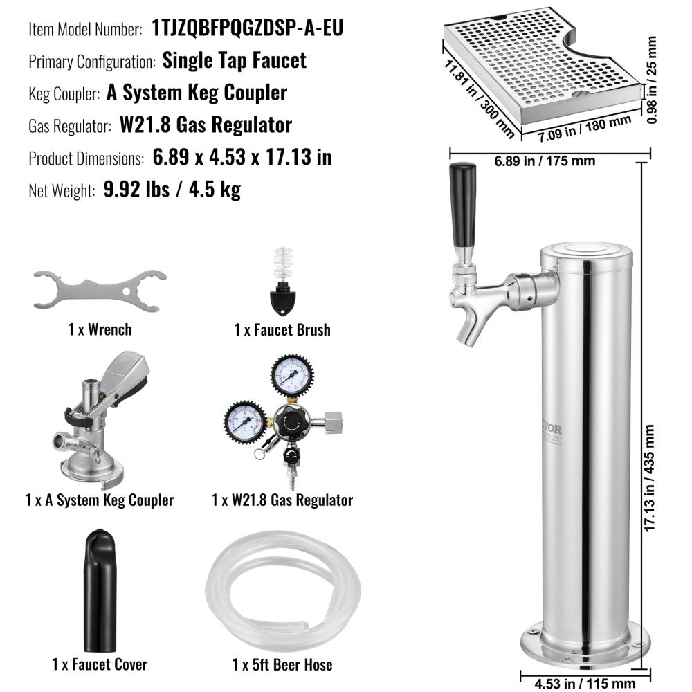 Kegerator Tower Kit, Single Tap Beer Conversion Kit, Stainless Steel Keg Beer Tower Dispenser with Dual Gauge W21.8 Regulator & A-System Keg Coupler, Beer Drip Tray for Party Home